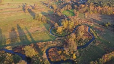 Grabia nehrinin sonbahar renkleri, batan güneşle aydınlanır, Polonya.