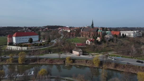 ポーランドのサンドミシュの城と大聖堂のトップビュー — ストック動画