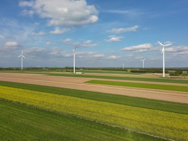 Bahar tarlaları ve elektrikli yel değirmenleri.