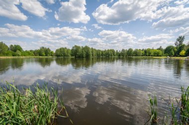 Sorular şehrindeki Grabia Nehri 'nde bir su deposu, Polonya.