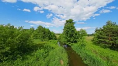 Alçak ve hızlı FPV insansız hava aracı ağaçların arasında nehrin üzerinde uçuyor..