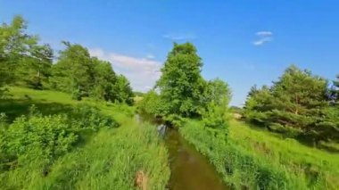 Alçak ve hızlı FPV insansız hava aracı ağaçların arasında nehrin üzerinde uçuyor..