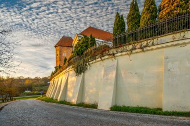 Sandomierz şehrinin kiliseleri, belediye binası ve kalesi yukarıdan gösteriliyor..