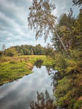 Küçük bir nehir ve çevresindeki manzara, Polonya, Grabia Nehri ile örneklenmiştir..