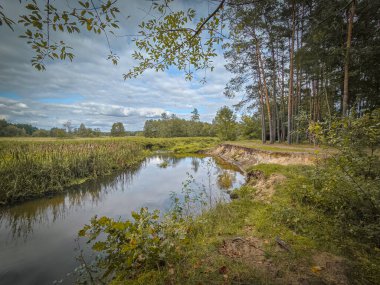 Küçük bir nehir ve çevresindeki manzara, Polonya, Grabia Nehri ile örneklenmiştir..