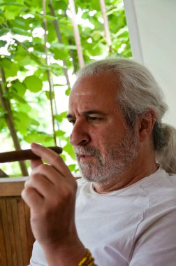 Küba purosu. İspanyol sigarası içen yaşlı adam. emeklilik hayatı. Küba purosu içen İspanyol bir ihtiyar. İspanyol son sınıf öğrencisi Küba purosunun keyfini çıkarıyor. Yaşlı İspanyol bir adam Küba purosuna gülümsedi. sakin anlar..