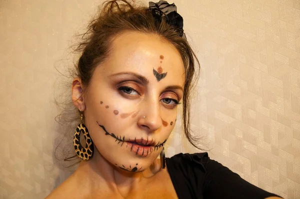 Happy Halloween Woman Portrait Spooky Makeup Halloween Makeup Catrina Woman — Stock Photo, Image