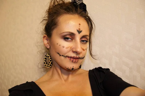 Jour Des Morts Joyeux Halloween Portrait Femme Avec Maquillage Effrayant — Photo