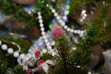 Mutlu noeller. Noel ağacı Noel şenliği süsüsüyle süslenmiş. Noel alışverişi. Yeni Yıl Afişi Kompozisyonu. Yeni yıl kutlaması için dekorasyon. Promosyon indirimi.