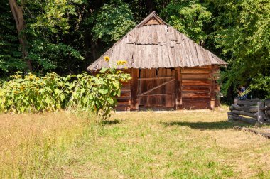 Kırsal kesimde otantik bir Ukrayna evi. Ukrayna 'da yaz köyü. Eski halk sazdan yapılmış evi. Ukrayna 'nın geleneksel kır evi. Yazlık çiftlikte kırsal kesimde. Mimari.