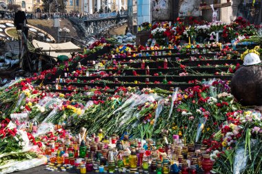 Kyiv, Ukrayna - 24 Şubat 2014: Meydan 2014 devrim gösterisi Euromaidan, Kyiv. Ukrayna 'nın özgürlük barikatı. Hükümetin muhalefeti. Ayaklanma, savaş ve kriz. Çiçekler..