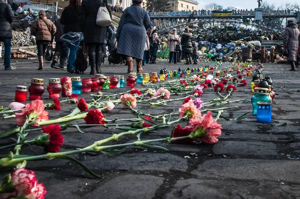 Kyiv, Ukrayna - 24 Şubat 2014: Meydan 2014 devrim gösterisi Euromaidan, Kyiv. Ukrayna 'nın özgürlük barikatı. Hükümetin muhalefeti. Ayaklanma, savaş ve kriz. Onur Devrimi.
