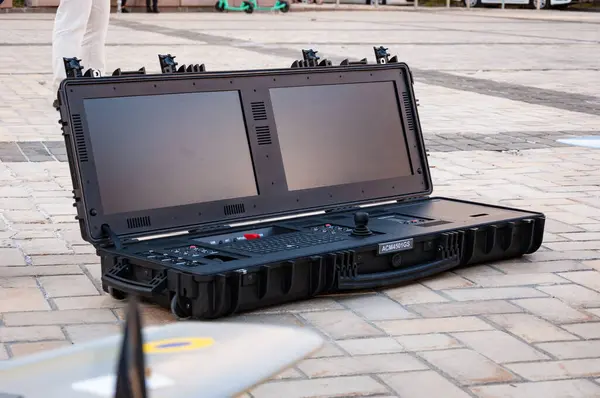 stock image Kyiv, Ukraine - August 25, 2024: Ground based FPV drone control complex panel. Military equipment produced in Ukraine. Military exhibition in Kyiv on Ukrainian Independence day 2024.