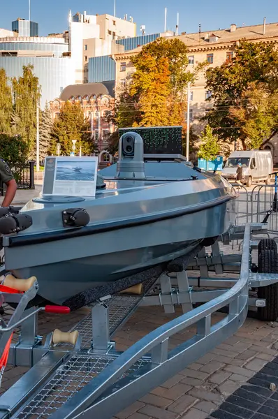 stock image Kyiv, Ukraine - August 25, 2024: Legendary Magura V5 sea drone. Military robot water unmanned drone. Navy drone on military equipment fair.