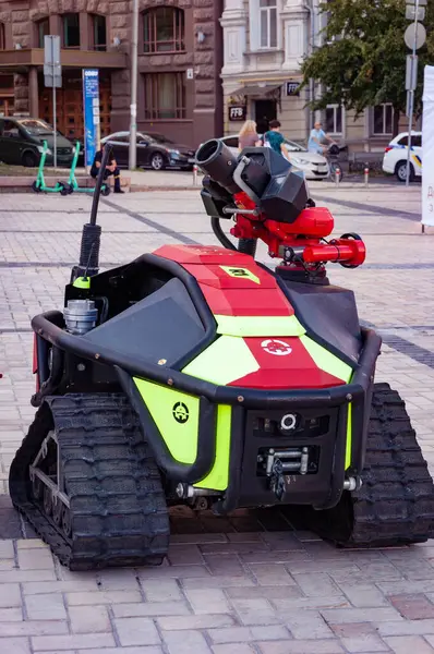 stock image Kyiv, Ukraine - August 25, 2024: Fire fighting robot. ALPHA ROBOTICS WOLF R-1. Military equipment exhibition. Armed forces of Ukraine. National police.