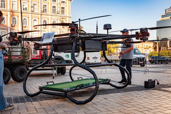 stock image Kyiv, Ukraine - August 25, 2024: A drone for evacuating the wounded. Military equipment exhibition. Armed forces of Ukraine. National police. New technology.