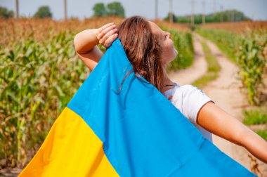 Ukrayna 'nın bağımsızlık günü. 24 Ağustos 'ta. Ukrayna bayrağı ve vatansever kadın. Ukrayna bayrağı. Bağımsızlık Günü. Kırsal kesimdeki kadın yolu. Ekin tarlasında Ukrayna bayrağı taşıyan bir kız. Gelecek ve özgürlük.
