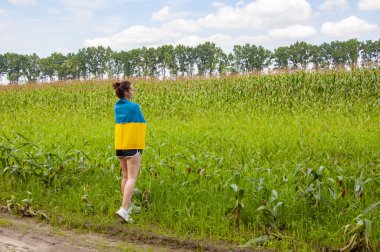 Ukrayna bayrağı anma günü veya 24 Ağustos. Tarlada Ukrayna bayrağıyla kaplanmış bir kız. Ukrayna bayrağı. Ulusal vatansever kız. Bağımsızlık Günü. Vatanseverlik sembolü. Vatanseverlik kopyalama alanı.