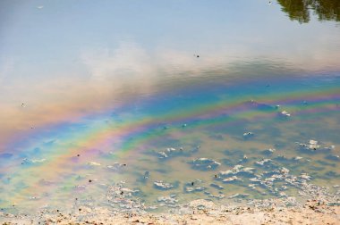 Su üzerinde benzin lekeleri olan bir göl. Doğa ve ekoloji. Çevre kirliliği. Kirli bir çevre. İnsan etkisi. Endüstriyel atık boşaltımı. Kimyasal atık. Yağ ve benzin lekeleri..