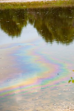 Çevre kirliliği. Kirli bir çevre. Çevre temizliği. Endüstriyel atık boşaltımı. Kimyasal atık. Yağ ve benzin lekeleri. Su üzerinde benzin lekeleri olan bir göl. Doğa ve ekoloji.