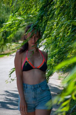 Kırsal yolda yürüyen bir kadın. Yaz kırsal gezintisi. Doğada açık hava yaşam tarzı. Rüzgarda söğüt ağacı dalları. Yazın rüzgarda söğüt ağacı dalları arasında kırsal yolda yürüyen bir kadın. Yalnız yürüyorum..