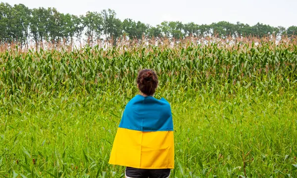 Ukrayna bayrağı ve kadın çiftçi. Ukrayna bayrağı. Bağımsızlık Günü. Sahadaki kadın. Ekin tarlasında Ukrayna bayrağı taşıyan bir kız. Gelecekte güven. Ukrayna 'nın bağımsızlık günü. 24 Ağustos, uyruklu..