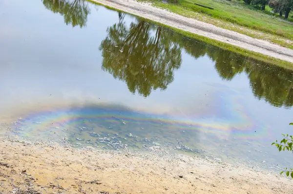 Doğa ve ekoloji. Çevre kirliliği. Kirli bir çevre. Su arıtma hatası. Endüstriyel atık boşaltımı. Kimyasal atık. Yağ ve benzin lekeleri. Su üzerinde benzin lekeleri olan göl..
