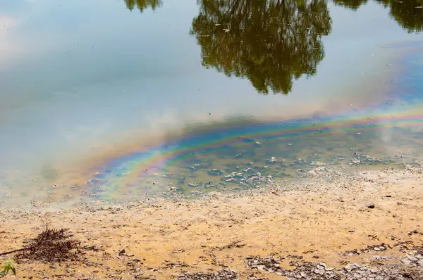 Kimyasal atık. Benzin lekeleri. Su üzerinde benzin lekeleri olan bir göl. Doğa ve ekoloji. Çevre kirliliği. Kirli bir çevre. Kirli içme suyu. Sanayi atığı boşaltımı.