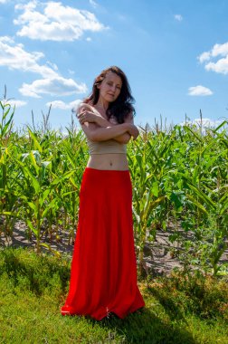 Yaz modası. Canlı kırmızı etekli İspanyol kız. Kırsal yaşam tarzı. Genç kız, renk farkı. Kadınsı güç ve güzellik, feminizm. Mısır tarlasında mavi gökyüzünün altında genç bir kadın. Doğa geri çekiliyor.