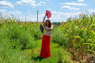Tarlada dans eden kırmızı etekli mutlu kadın. Halk kültürü. Geleneksel dans flamenkosu. Sanatsal yaşam tarzı. Küresel turizm. Kadınsal özgürlük. Folklorik kız seyahati. Flamenko dansçısı.