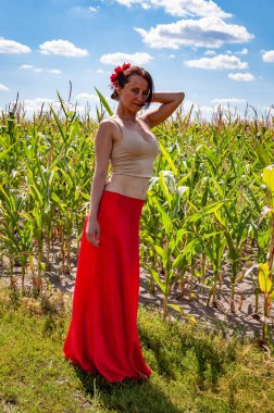 Mısır tarlasında mavi gökyüzünün altında genç bir kadın. Flamenko dansçısı. Yaz modası. Canlı kırmızı etekli İspanyol kız ve saçlı çiçek. Kır manzarası. Folklorik kız. Etnik ve halk. İspanyol kadın..