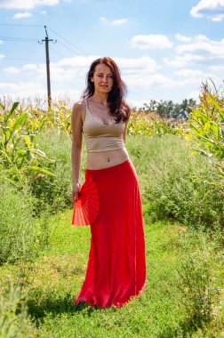 Tarlada dans eden kırmızı etekli seksi kadın. Halk kültürü. Geleneksel dans flamenkosu. Sanatsal yaşam tarzı. Küresel turizm. Kadınsal özgürlük. Folklorik kız seyahati. Flamenko dansçısı. Doğa yürüyüşü.