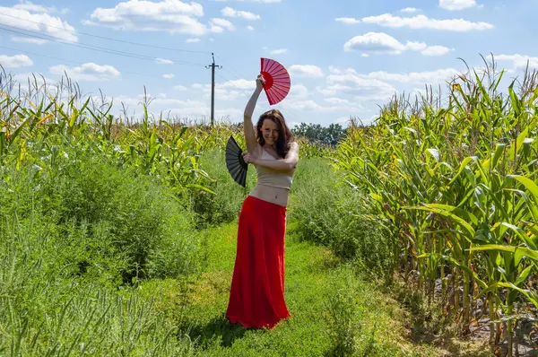Tarlada dans eden kırmızı etekli mutlu kadın. Halk kültürü. Geleneksel dans flamenkosu. Sanatsal yaşam tarzı. Küresel turizm. Kadınsal özgürlük. Folklorik kız seyahati. Flamenko dansçısı.