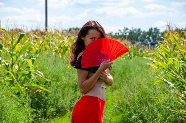 Geleneksel dans flamenkosu. Sanatsal yaşam tarzı. Küresel turizm. Kadınsal özgürlük. Folklorik kız seyahati. Flamenko dansçısı. Tarlada dans eden kırmızı etekli gizemli kadın. Halk kültürü.