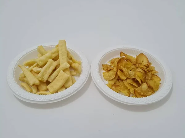 Snack Fritti Con Sapore Croccante Cioè Cracker Lunghi Patatine Manioca — Foto Stock