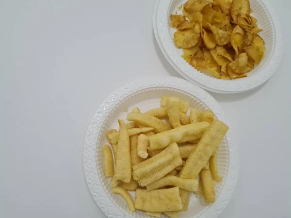 Fried Snacks Crispy Taste Namely Long Crackers Cassava Chips — Stock Photo, Image