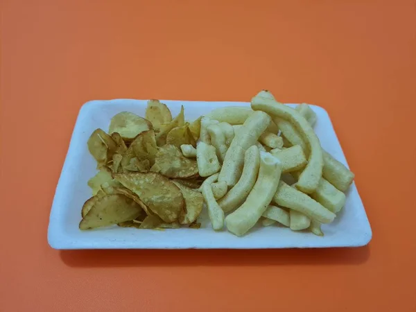 Petiscos Fritos Com Sabor Crocante Seja Bolachas Longas Batatas Fritas — Fotografia de Stock