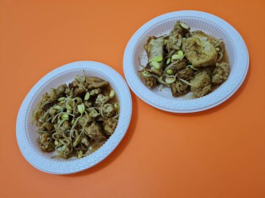 İçinde tempeh parçaları, tofu parçaları, lezzetli baharatlı fasulye filizleri olan bir çorba tabağı.