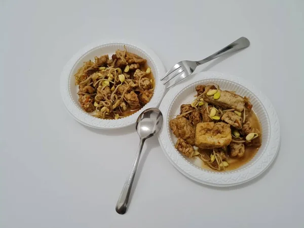 Guarnición Sopa Que Contiene Trozos Tempeh Trozos Tofu Brotes Frijol —  Fotos de Stock