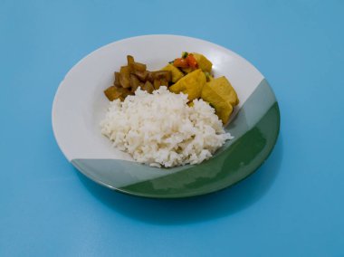 Pirinç ve yanında dilimlenmiş soya peyniri ve leziz baharatlı sığır eti.