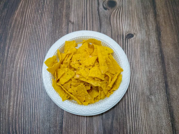 Krispiga Chips Gjorda Majs Och Andra Ingredienser Med Smakrik Smak — Stockfoto