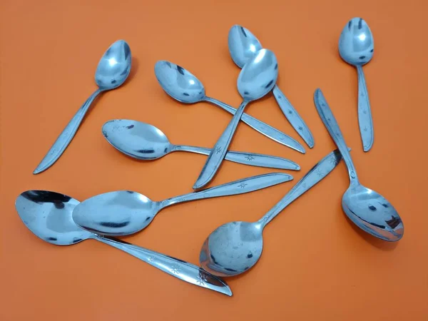 Una Collezione Cucchiai Argento Lucido Ferro — Foto Stock