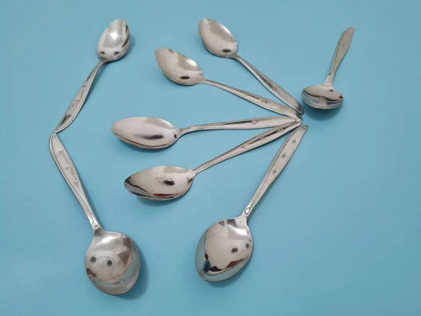 Collection Shiny Silver Spoons Made Iron — Stock Photo, Image