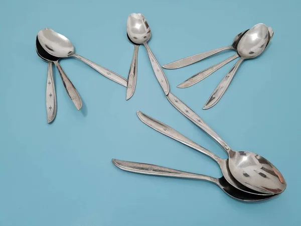 Collection Shiny Silver Spoons Made Iron — Stock Photo, Image