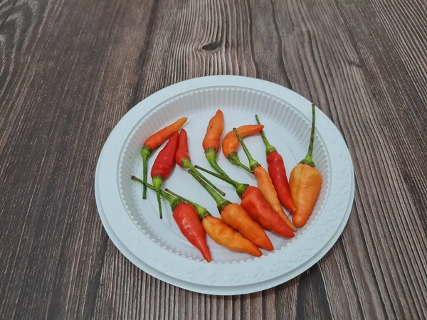 Kolekcja Małych Pikantnych Czerwonych Chili Dla Dodatkowego Przyprawy Białym Pojemniku — Zdjęcie stockowe