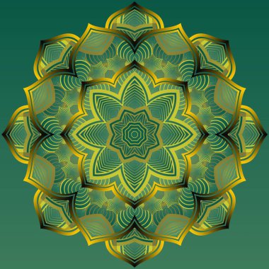 Soyut mandala desenli yeşil renk kombinasyonu sarı altın çizgilerle siyah