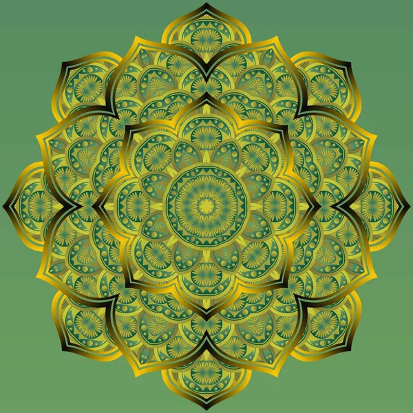 Abstrakt Mandala Strukturerad Grön Färg Kombination Svart Med Gula Guldlinjer — Stock vektor