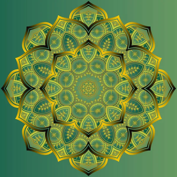 Mandala Abstrak Berwarna Hijau Bertekstur Kombinasi Hitam Dengan Garis Emas - Stok Vektor