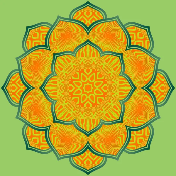 Mandala Abstrak Berwarna Oranye Bertekstur Kombinasi Kuning Dengan Garis Hijau - Stok Vektor