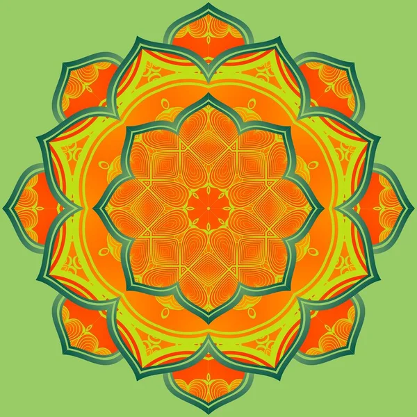 Mandala Abstrato Texturizado Cor Laranja Combinação Amarela Com Linhas Verdes — Vetor de Stock
